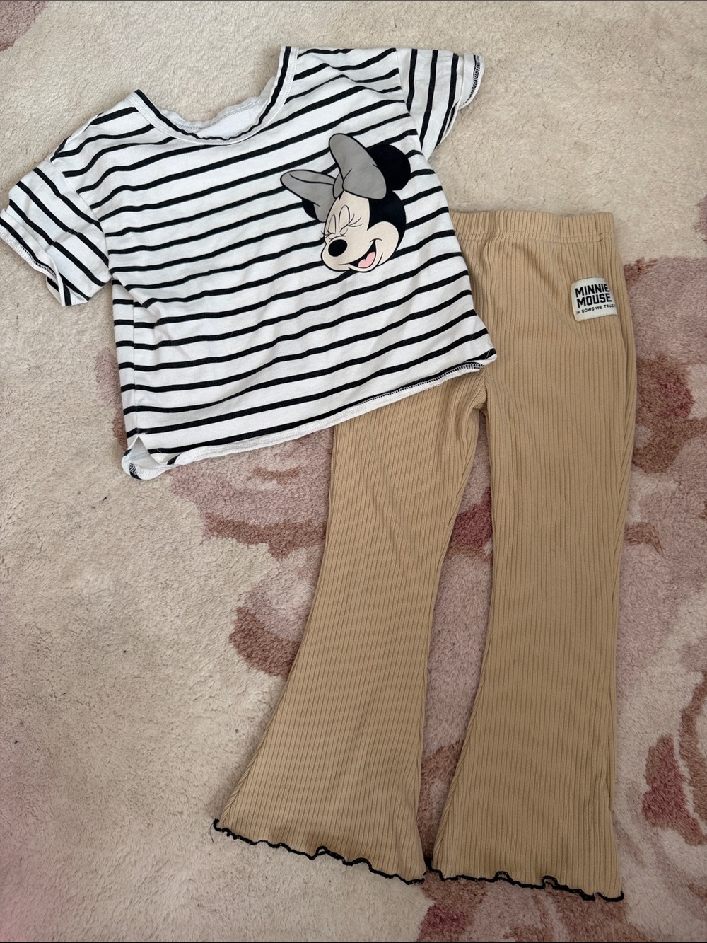 Disney Black & White Striped Minnie Top with Tan Ribbed Flare Leggings